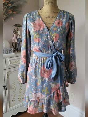 Lauren Conrad Blue Floral Long Sleeve Wrap Dress with Tie Waist